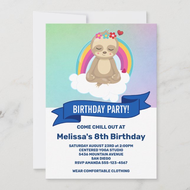 Cute Meditating Sloth Yoga Birthday Party Invitation (Front)