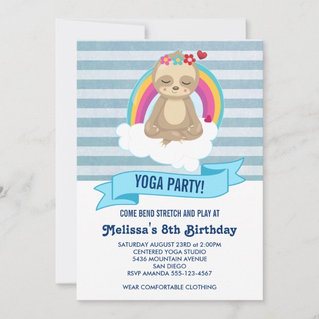 Cute Meditating Sloth Yoga Birthday Party Invitation (Front)