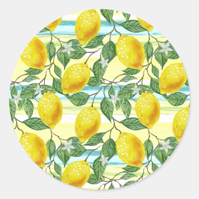 Cute Mediterranean Summer Lemon Fruit Art Pattern Classic Round Sticker (Front)