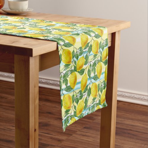 Cute Mediterranean Summer Lemon Fruit Art Pattern Long Table Runner