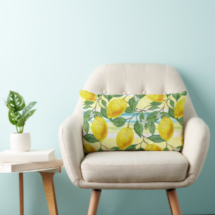 Cute Mediterranean Summer Lemon Fruit Art Pattern Lumbar Pillow