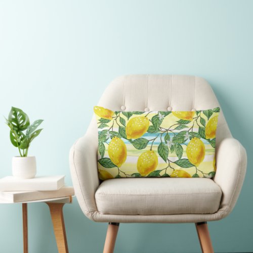 Cute Mediterranean Summer Lemon Fruit Art Pattern Lumbar Pillow