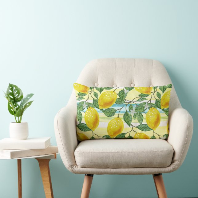 Cute Mediterranean Summer Lemon Fruit Art Pattern Lumbar Pillow (Chair)