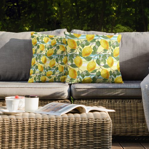 Cute Mediterranean Summer Lemon Fruit Art Pattern Outdoor Pillow