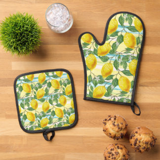 Cute Mediterranean Summer Lemon Fruit Art Pattern Oven Mitt & Pot Holder Set
