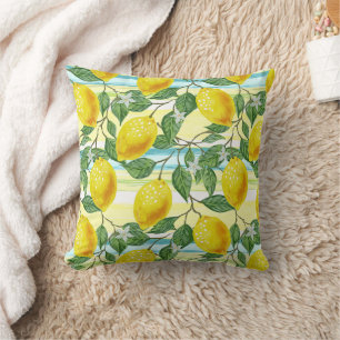 Cute Mediterranean Summer Lemon Fruit Art Pattern Throw Pillow
