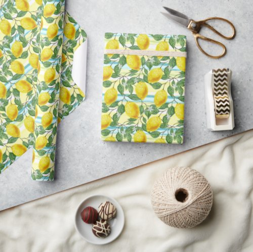 Cute Mediterranean Summer Lemon Fruit Art Pattern Wrapping Paper