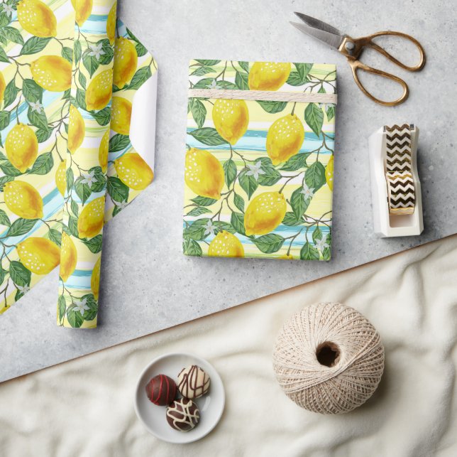 Cute Mediterranean Summer Lemon Fruit Art Pattern Wrapping Paper (Crafts)