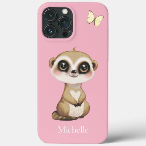 Cute Meerkat and Butterfly on Pink iPhone 13 Pro Max Case