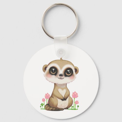 Cute Meerkat and Flowers on White Keychain