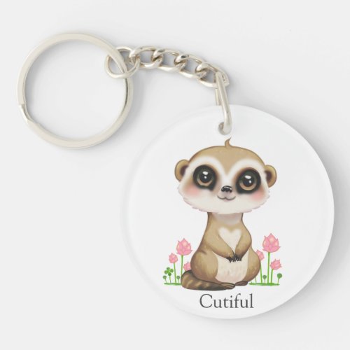 Cute Meerkat and Flowers on White Keychain