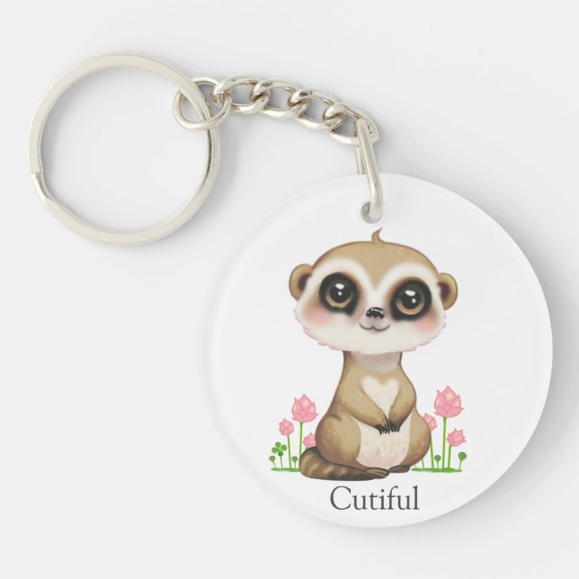Cute Meerkat and Flowers on White Keychain (Front)
