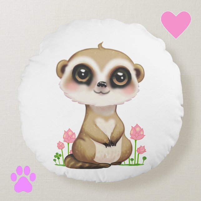 Cute Meerkat and Flowers on White Round Pillow (Creator Uploaded)