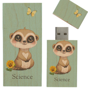 Cute Meerkat and Sunflower on Teal Wood Flash Drive