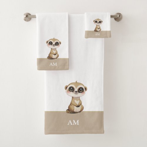 Cute Meerkat  Monogram on Beige  White Bath Towel Set