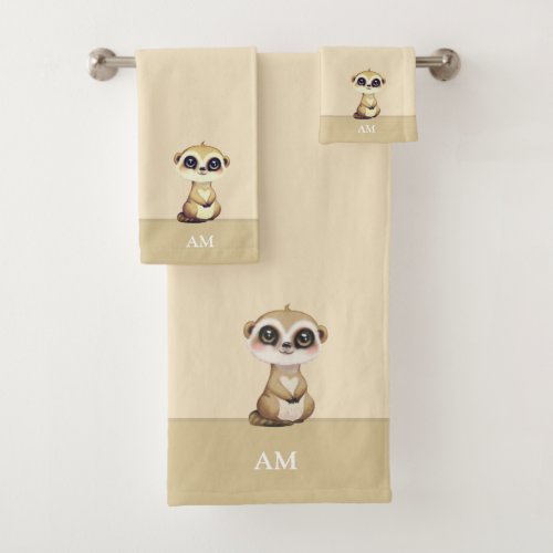 Cute Meerkat  Monogram on Sand Beige Bath Towel Set