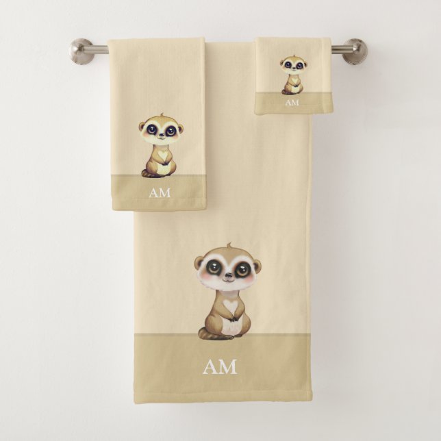 Cute Meerkat & Monogram on Sand Beige Bath Towel Set (Insitu)