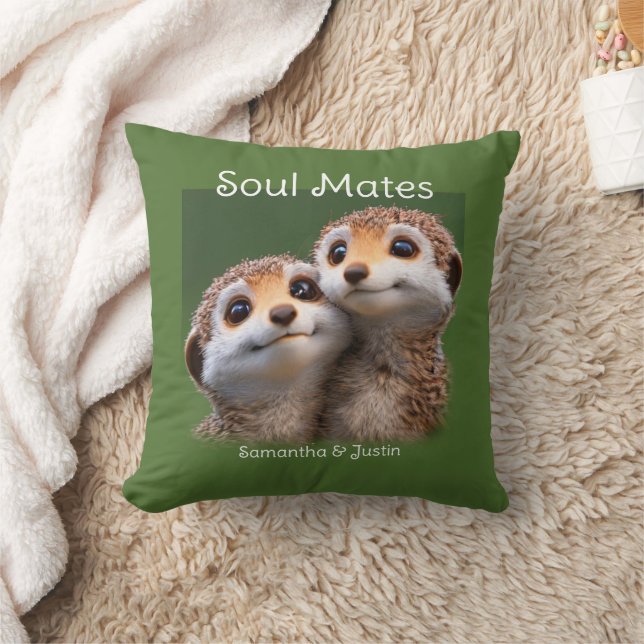 Cute Meerkat Soul Mates Green background Throw Pillow (Blanket)