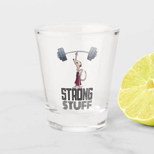 Cute Meerkat Strong Stuff Weightlifting Cartoon Shot Glass (Front)