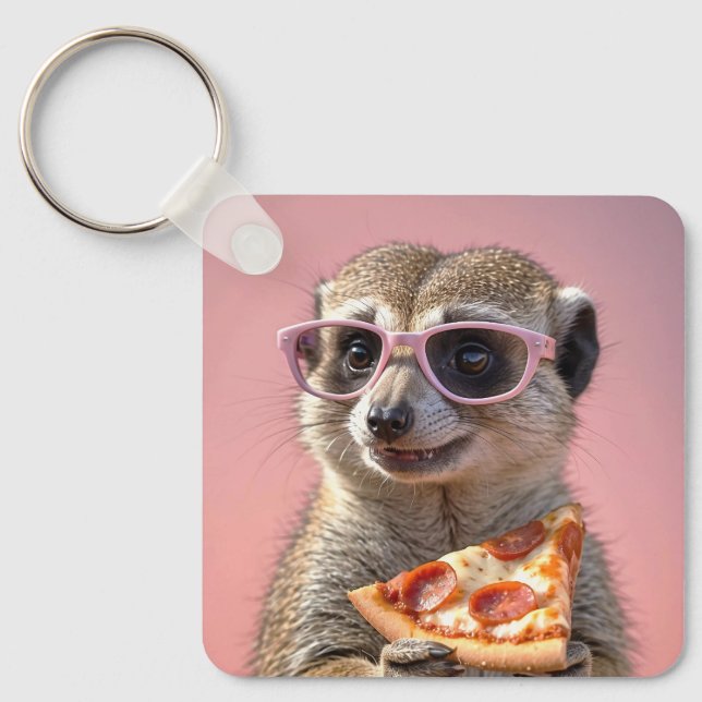 Cute Meerkat With Glasses and Pizza Keychain (Front)