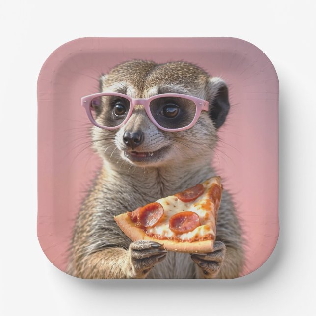 Cute Meerkat With Glasses and Pizza Paper Plates (Front)