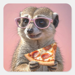 Cute Meerkat With Glasses and Pizza Square Sticker