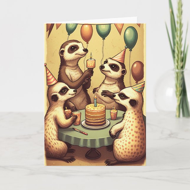 Cute Meerkats Birthday Party Folded Greeting Card (Front)