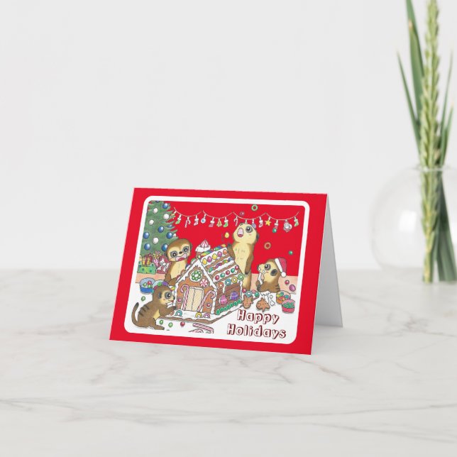 Cute Meerkats Folded Christmas Holiday Card (Front)