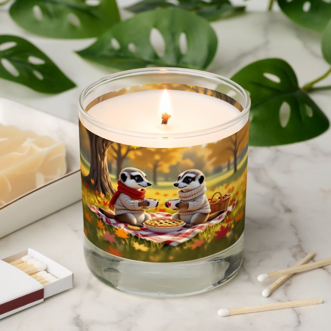 Cute Meerkats in Autumn Attire at a Picnic Scented Candle (Lit)