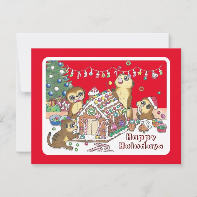 Cute Meerkats Red Flat Holiday Card (Front)