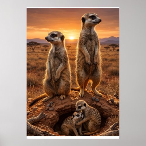 Cute Meerkats Standing In Desert Landscape Wildlif Poster