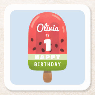 Cute Melon Popsicle 1st Birthday Square Paper Coaster