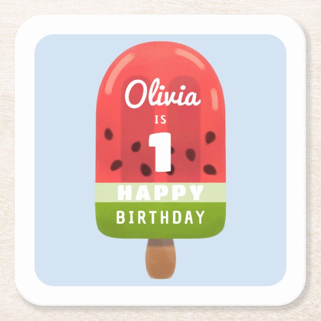 Cute Melon Popsicle 1st Birthday Square Paper Coaster (Front)