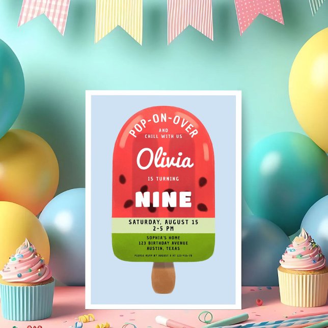 Cute Melon Popsicle Girl 9th Birthday Invitation (Cute Melon Popsicle Girl 9th Birthday Invitation)