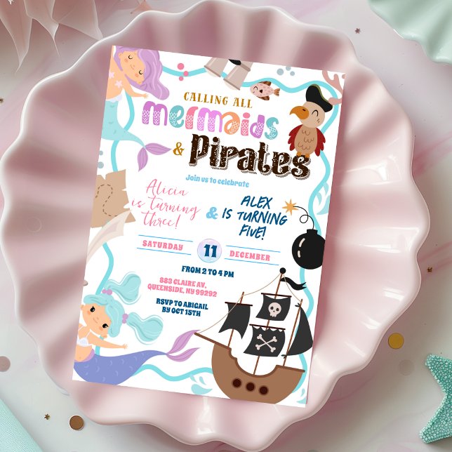 Cute Memaid and Pirates Joint Birthday invitation (Creator Uploaded)