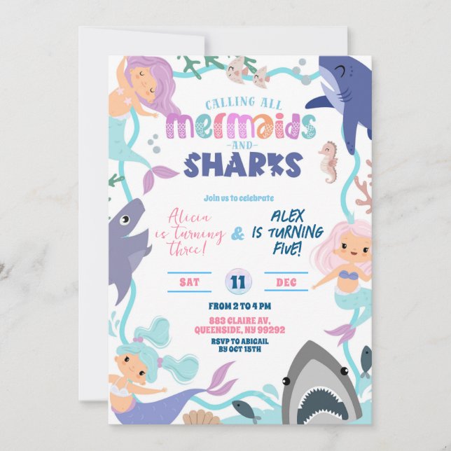 Cute Memaid and Sharks Joint Birthday invitation (Front)