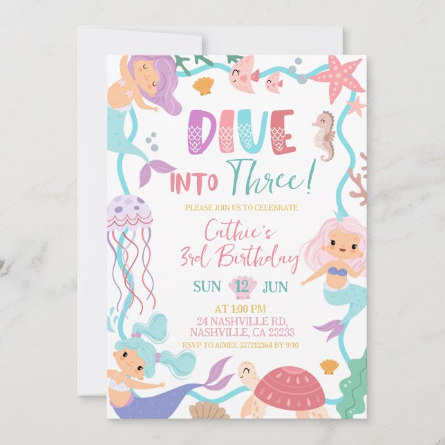 Cute Memaid Dive Into Birthday invitation (Front)