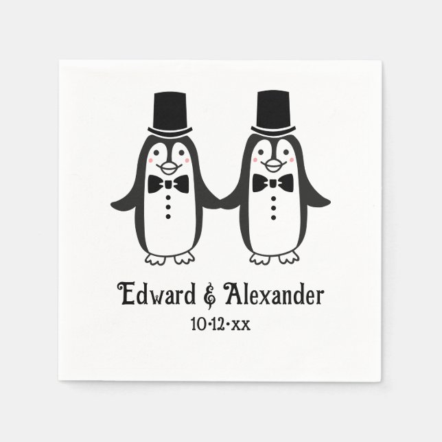 Cute Men Penguins Wedding Couple Names Date #2SmP  Napkins (Front)