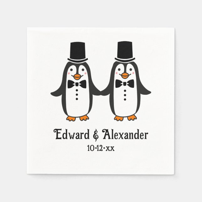 Cute Men Penguins Wedding Couple Names Date #3SmP  Napkins (Front)