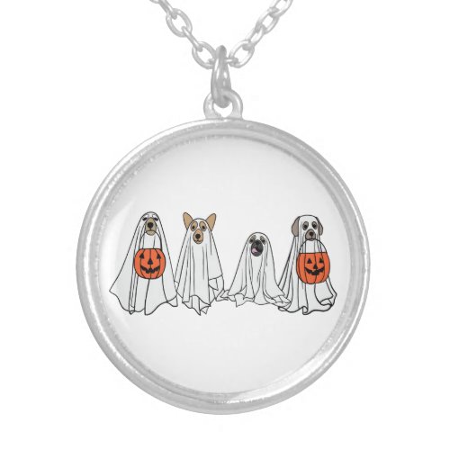 Cute men women Halloween dog dogs ghost pumpkin co Silver Plated Necklace