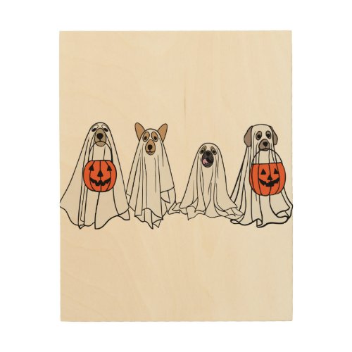 Cute men women Halloween dog dogs ghost pumpkin co Wood Wall Art