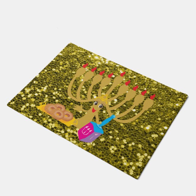Cute Menorah & Dreidel Gold Faux Glitter Doormat (Angled)