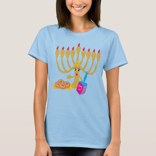 Cute Menorah & Dreidel Navy Blue T-Shirt (Front)