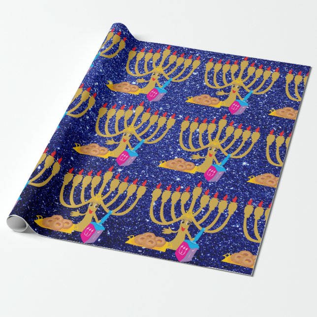 Cute Menorah & Dreidels Blue Faux Glitter Hanukkah Wrapping Paper (Unrolled)