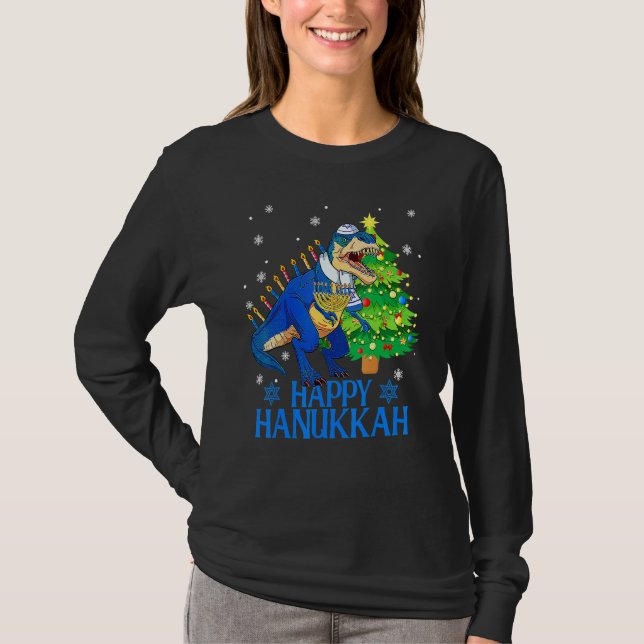 Cute Menorasaurus Rex Dinosaur Tree Christmas Happ T-Shirt (Front)