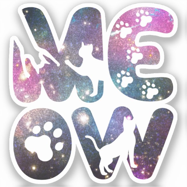 Cute Meow Cat Silhouettes and Cat Paw Prints Sticker (Front)