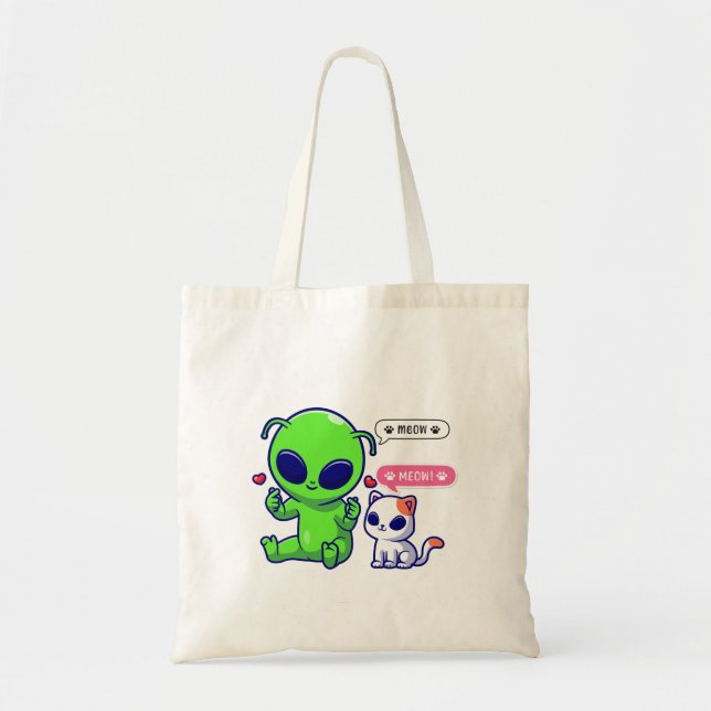 CUTE MEOW CAT WITH ALIEN  TOTE BAG (Front)