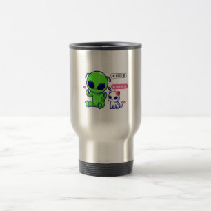 CUTE MEOW CAT WITH ALIEN  TRAVEL MUG