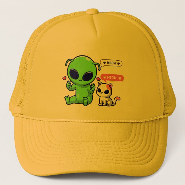 CUTE MEOW CAT WITH ALIEN  TRUCKER HAT (Front)