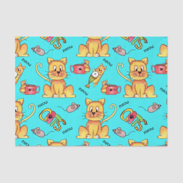Cute Meow Cats Aqua Tissue Paper (Front)